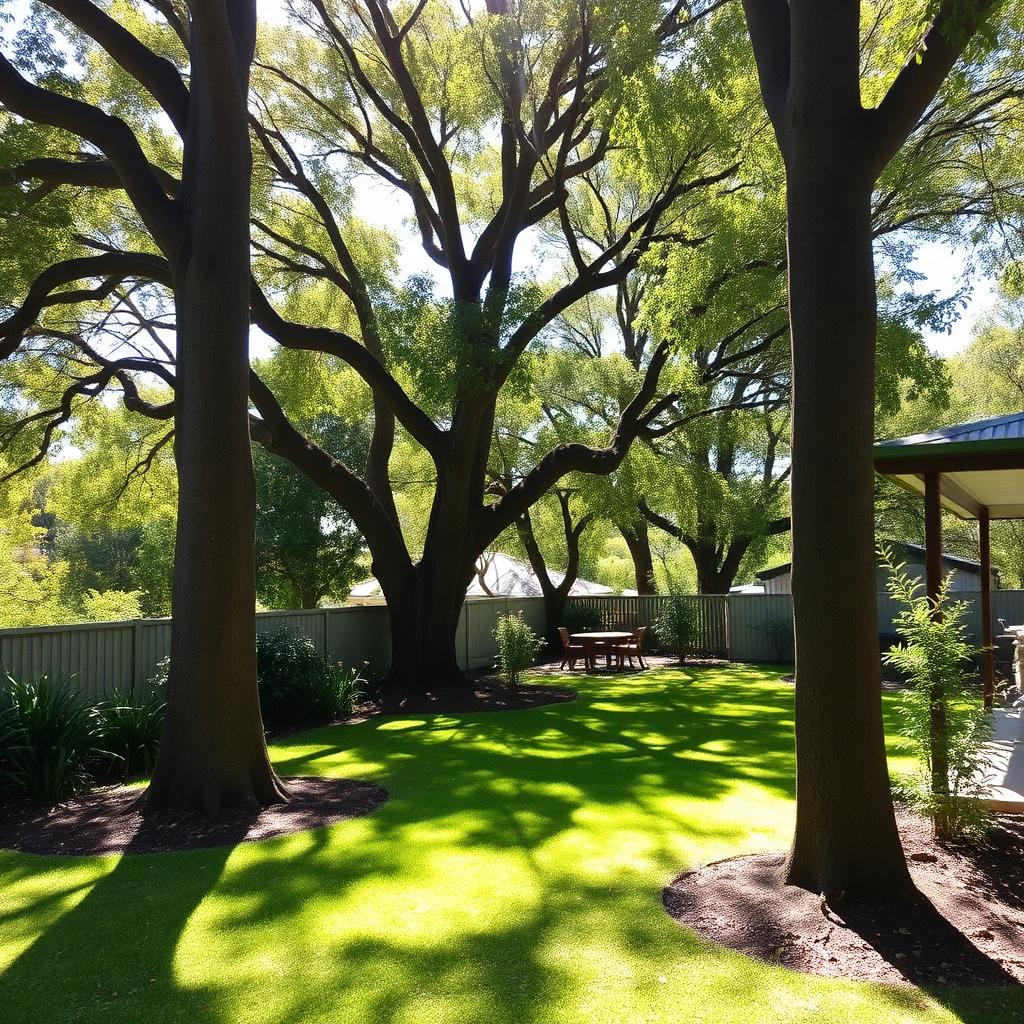 Freshly mown backyard lawn in a leafy Melbourne garden