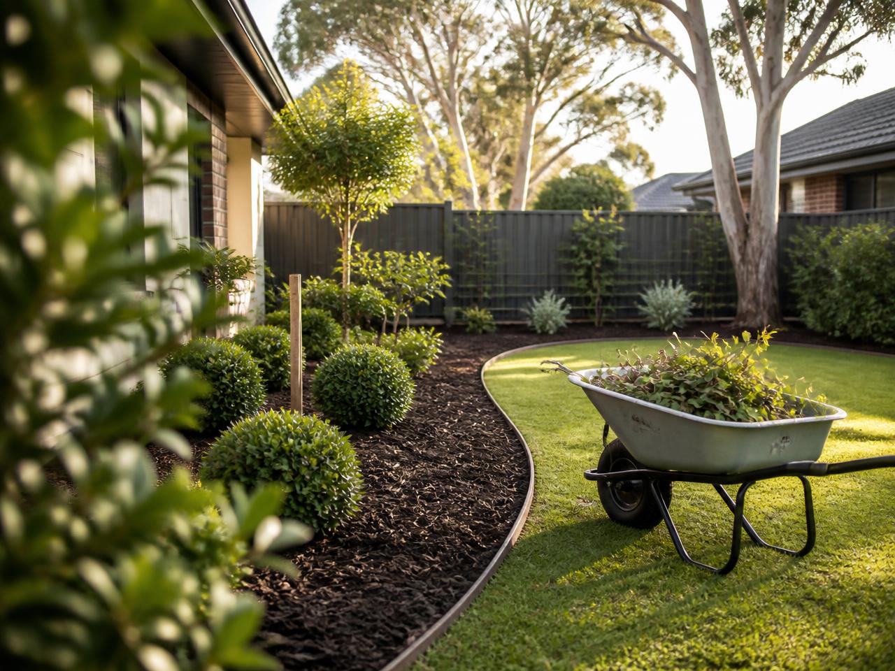 Freshly cleaned up Melbourne backyard with mulched garden beds and a wheelbarrow of green waste