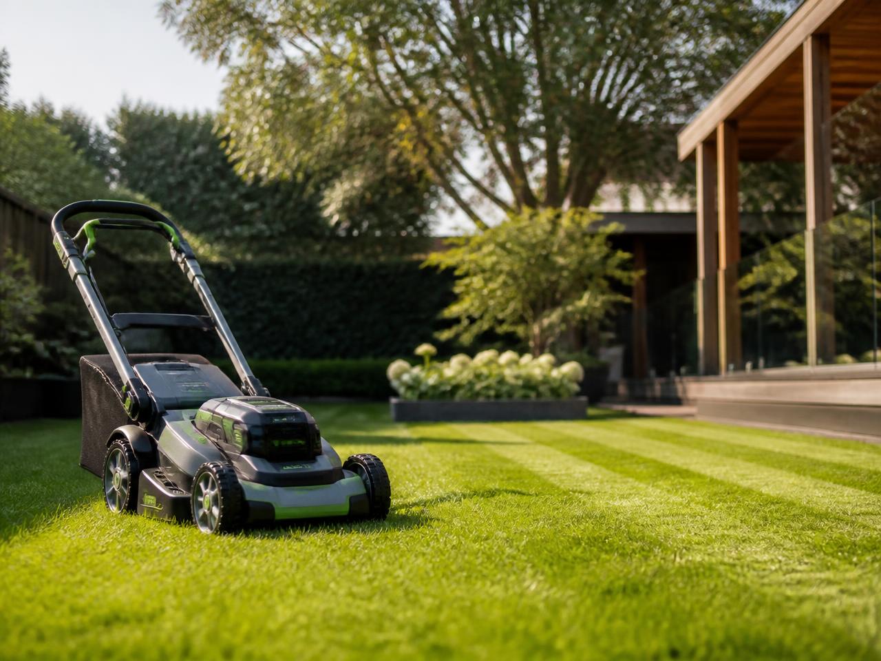 Modern lawn mower on a striped green lawn in a Melbourne backyard