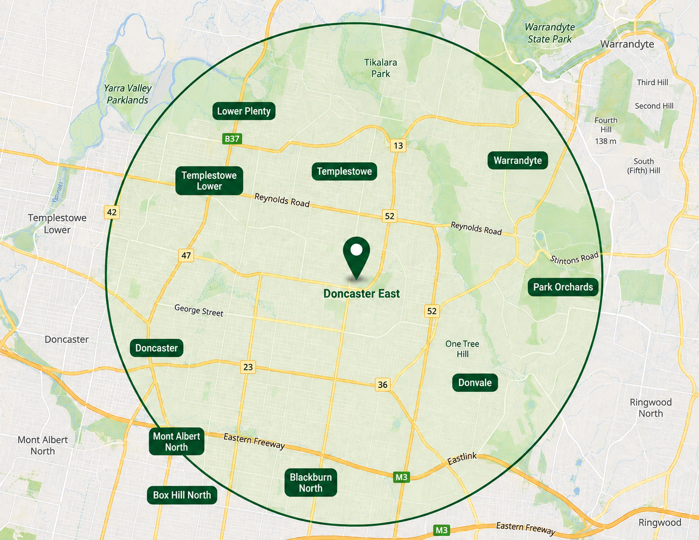 Map of the Melbourne eastern suburbs serviced by Manningham Gardens